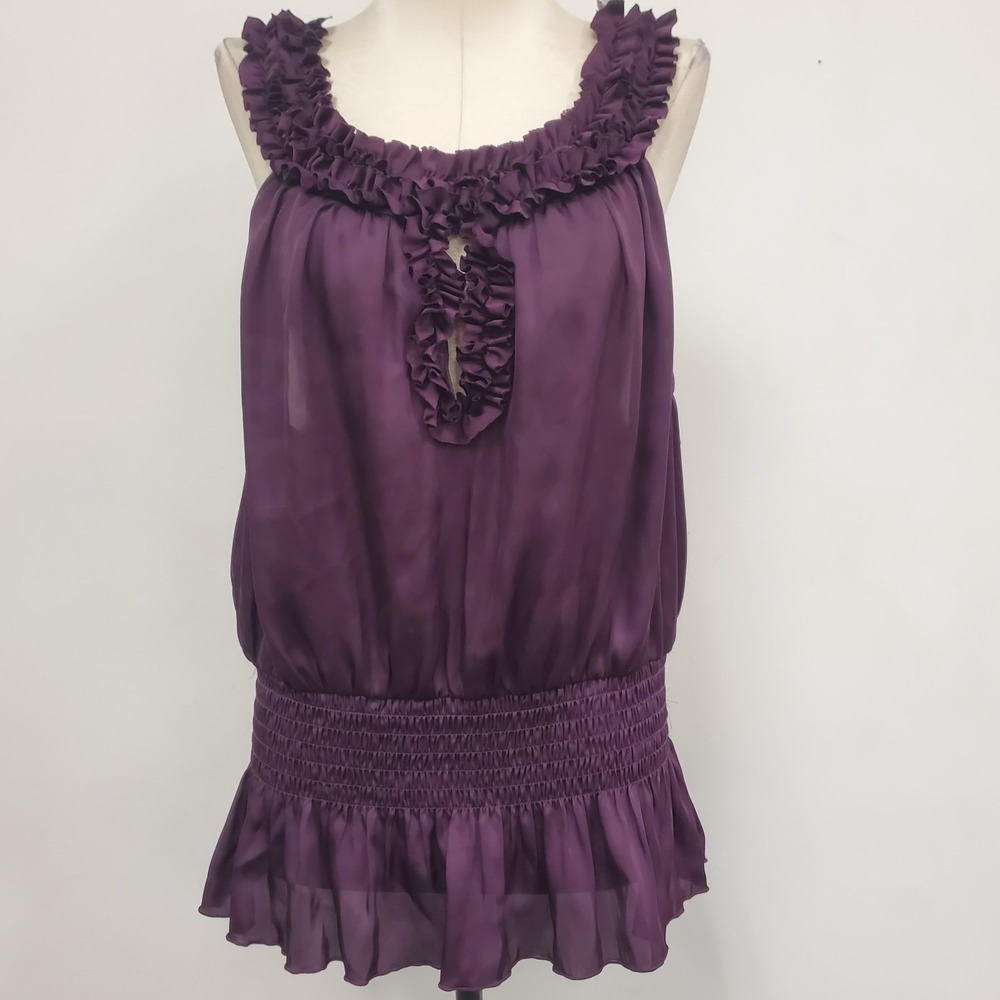 Bisou Bisou Womens Smocked Fairy Top Size XL Purple Ruffle Scoop Neck Fitted